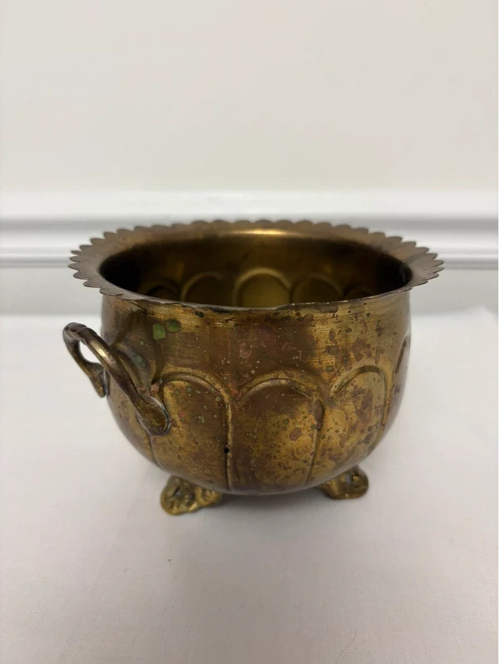 Vintage Brass Footed Planter Pot Scalloped Rim Double Handles Patina 6”